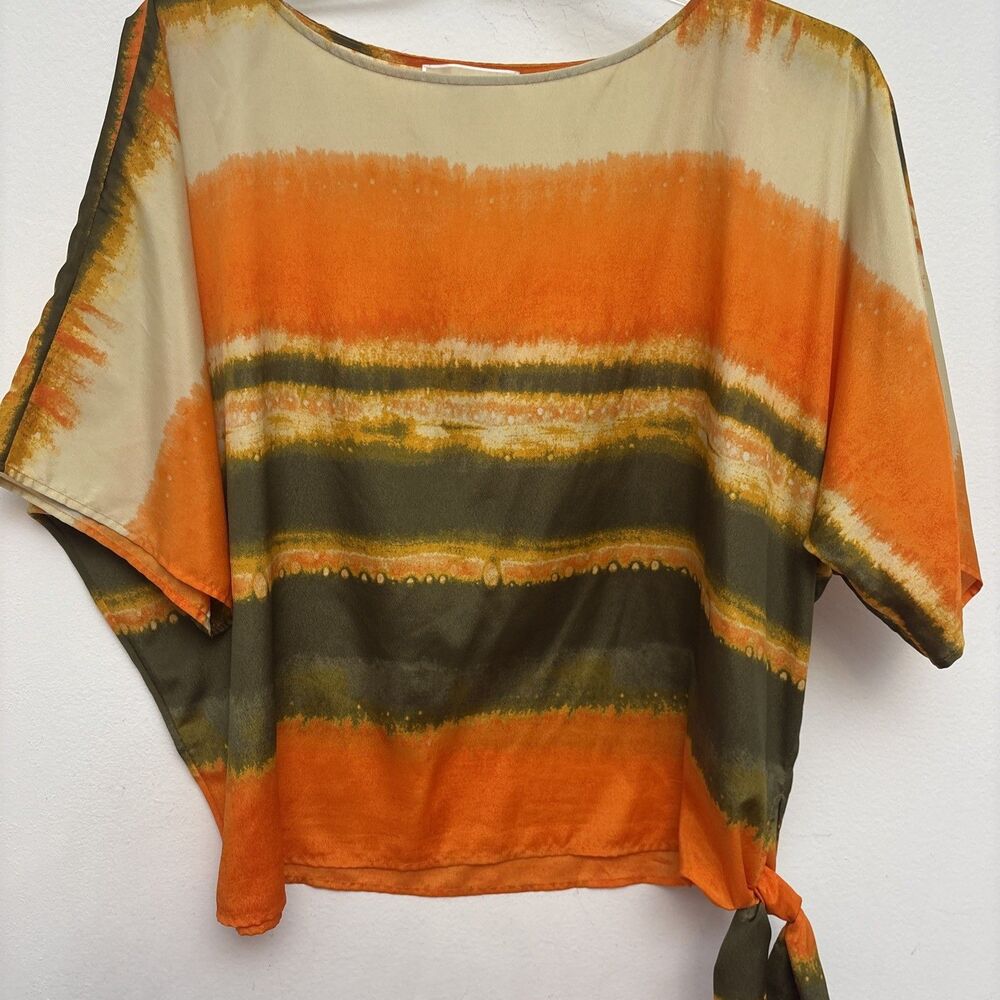 MICHAEL KORS Blouse, Orange Green Beige Tie Dye Stripe, Dolman Sleeve, Womens XL - Picture 2 of 7